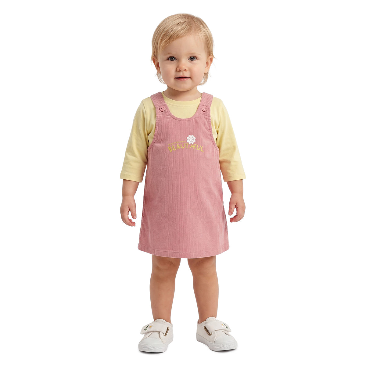 Baby Girls Pink Yellow Cotton Pinny Set Regular Fit Casual Wear