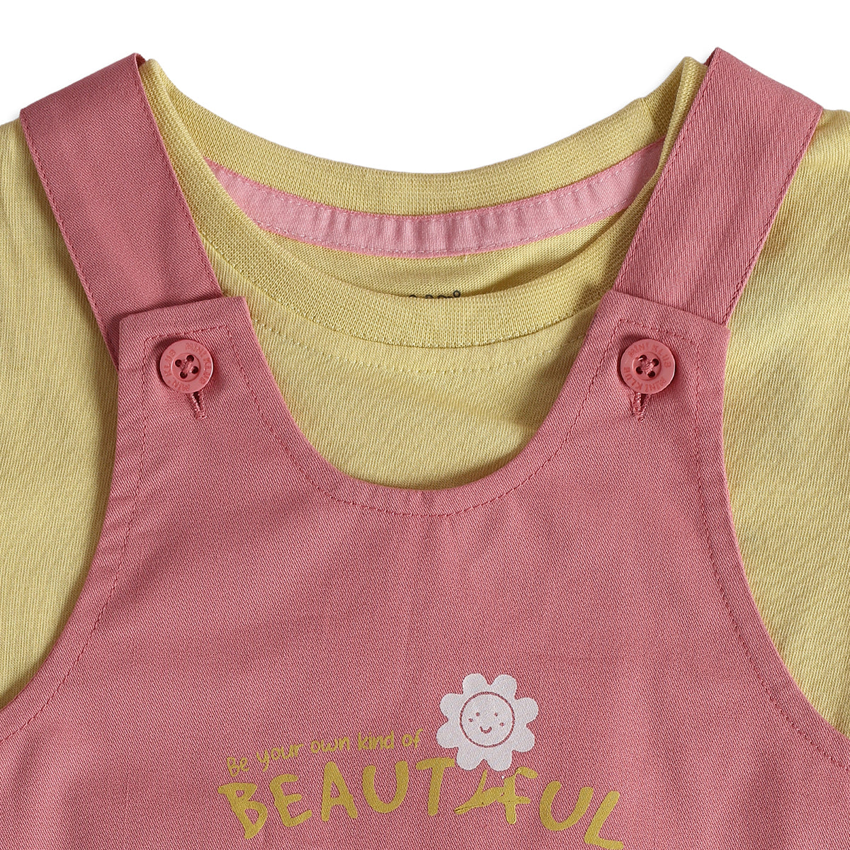 Baby Girls Pink Yellow Cotton Pinny Set Regular Fit Casual Wear