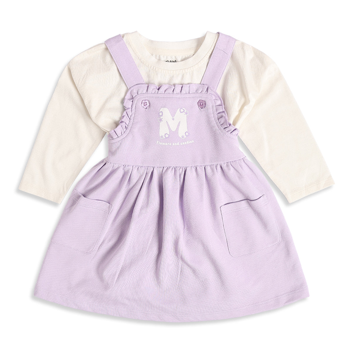 Baby Girls Lavender and Cream Cotton T-Shirt and Pinafore Dress Set Regular Fit Casual Wear