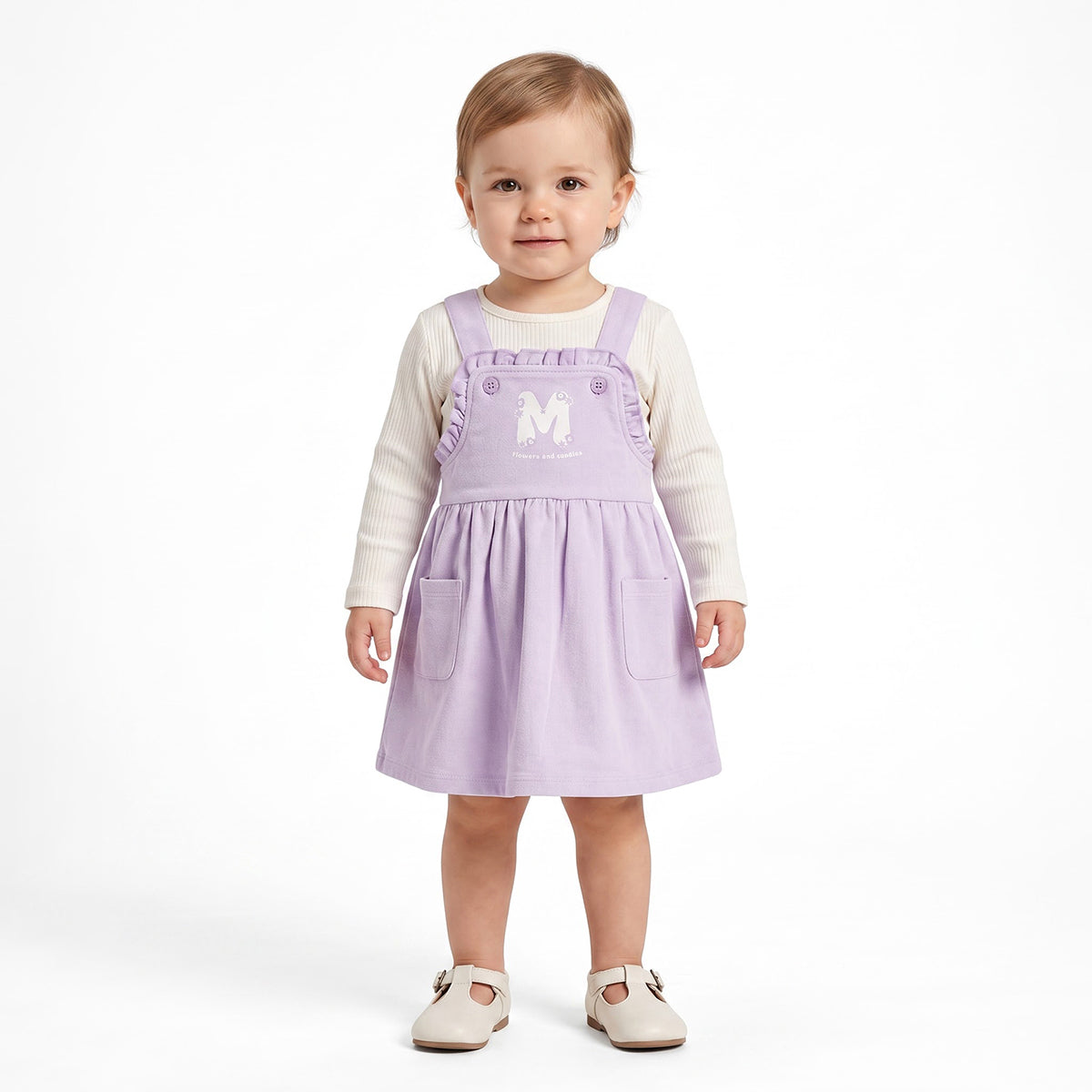 Baby Girls Lavender and Cream Cotton T-Shirt and Pinafore Dress Set Regular Fit Casual Wear