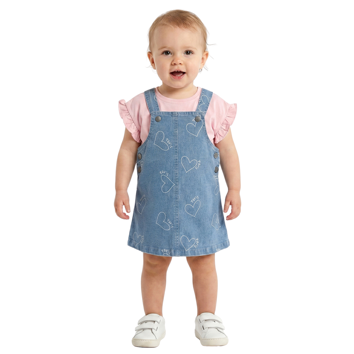 Baby Girls Blue Denim Pinny with Pink T Shirt Casual Outfit Set