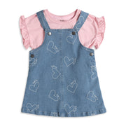 Baby Girls Blue Denim Pinny with Pink T-Shirt Casual Outfit Set