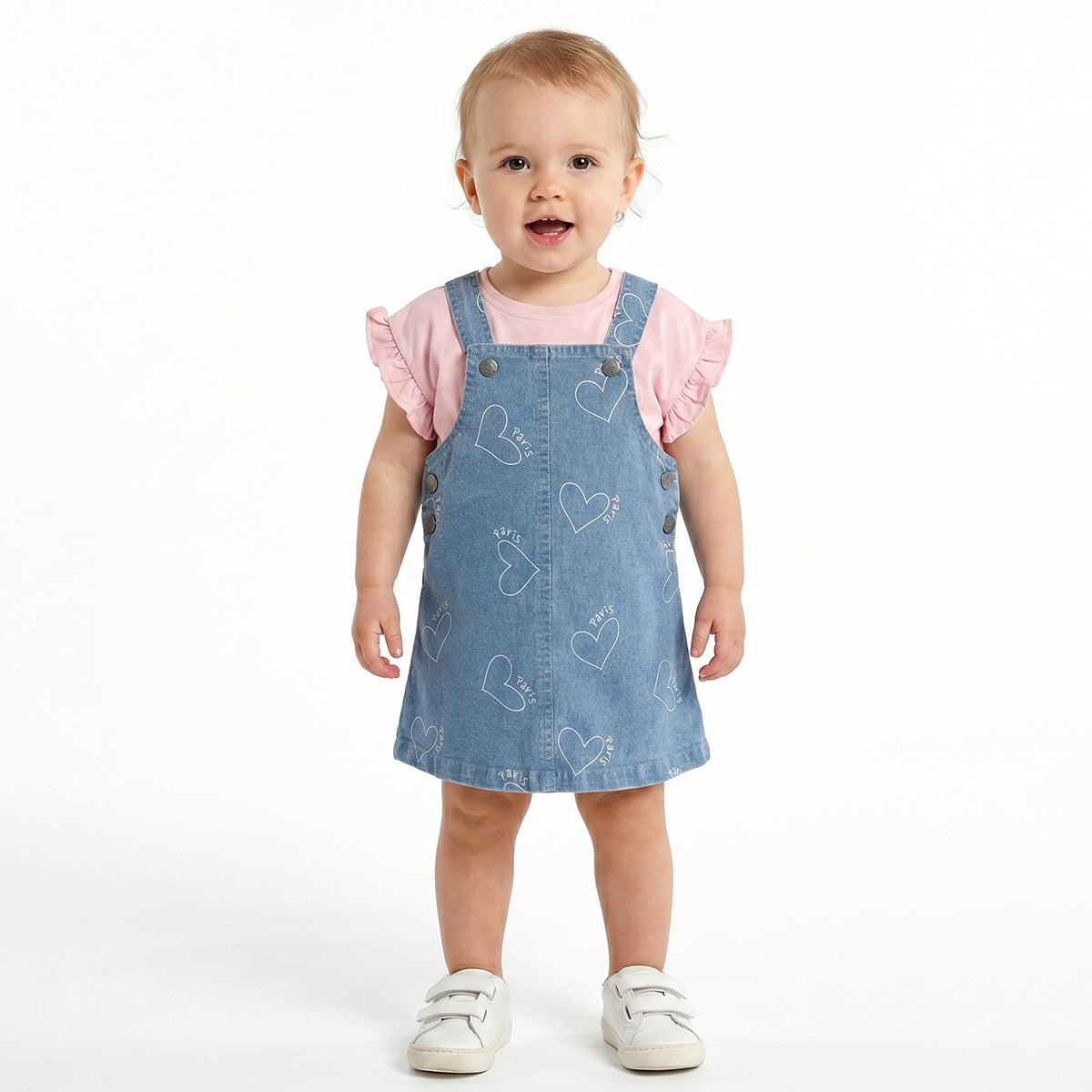 Baby Girls Blue Denim Pinny with Pink T-Shirt Casual Outfit Set