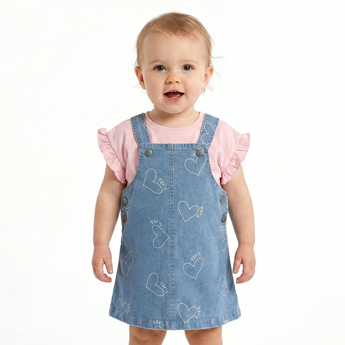 Baby Girls Blue Denim Pinny with Pink T-Shirt Casual Outfit Set