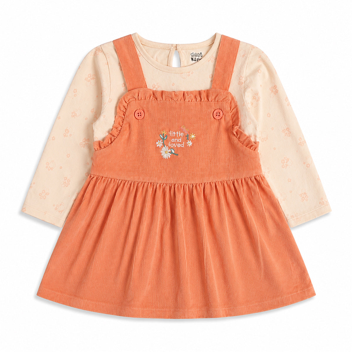 Baby Girls Peach Corduroy Pinafore Dress with Printed Full Sleeves T-Shirt Casual Outfit Set