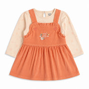 Baby Girls Peach Corduroy Pinafore Dress with Printed Full Sleeves T-Shirt Casual Outfit Set