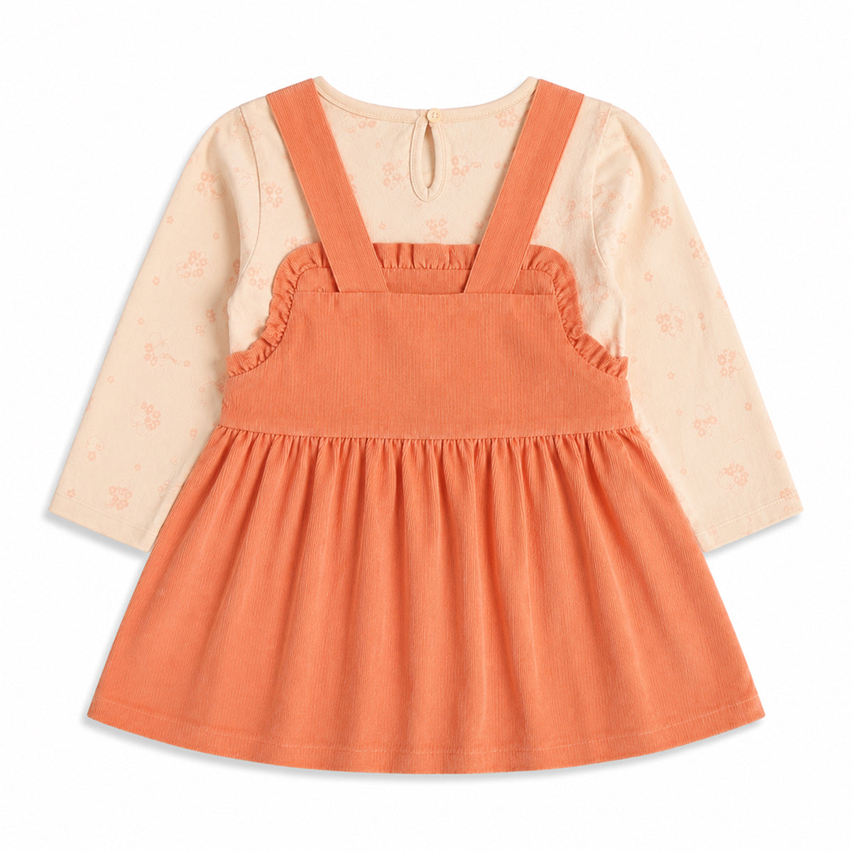 Baby Girls Peach Corduroy Pinafore Dress with Printed Full Sleeves T-Shirt Casual Outfit Set