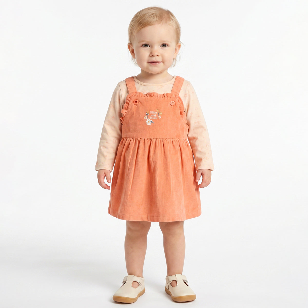 Baby Girls Peach Corduroy Pinafore Dress with Printed Full Sleeves T-Shirt Casual Outfit Set