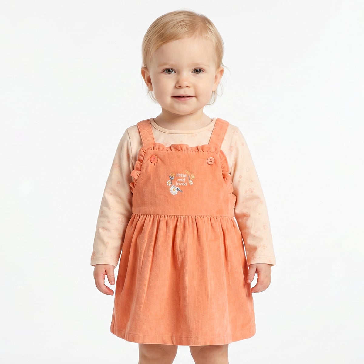 Baby Girls Peach Corduroy Pinafore Dress with Printed Full Sleeves T-Shirt Casual Outfit Set