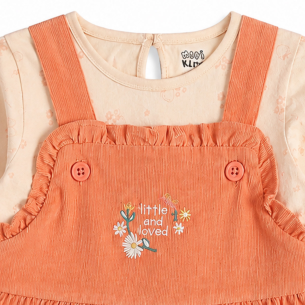 Baby Girls Peach Corduroy Pinafore Dress with Printed Full Sleeves T-Shirt Casual Outfit Set