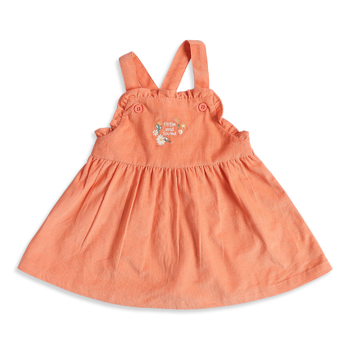 Baby Girls Peach Corduroy Pinafore Dress with Printed Full Sleeves T-Shirt Casual Outfit Set