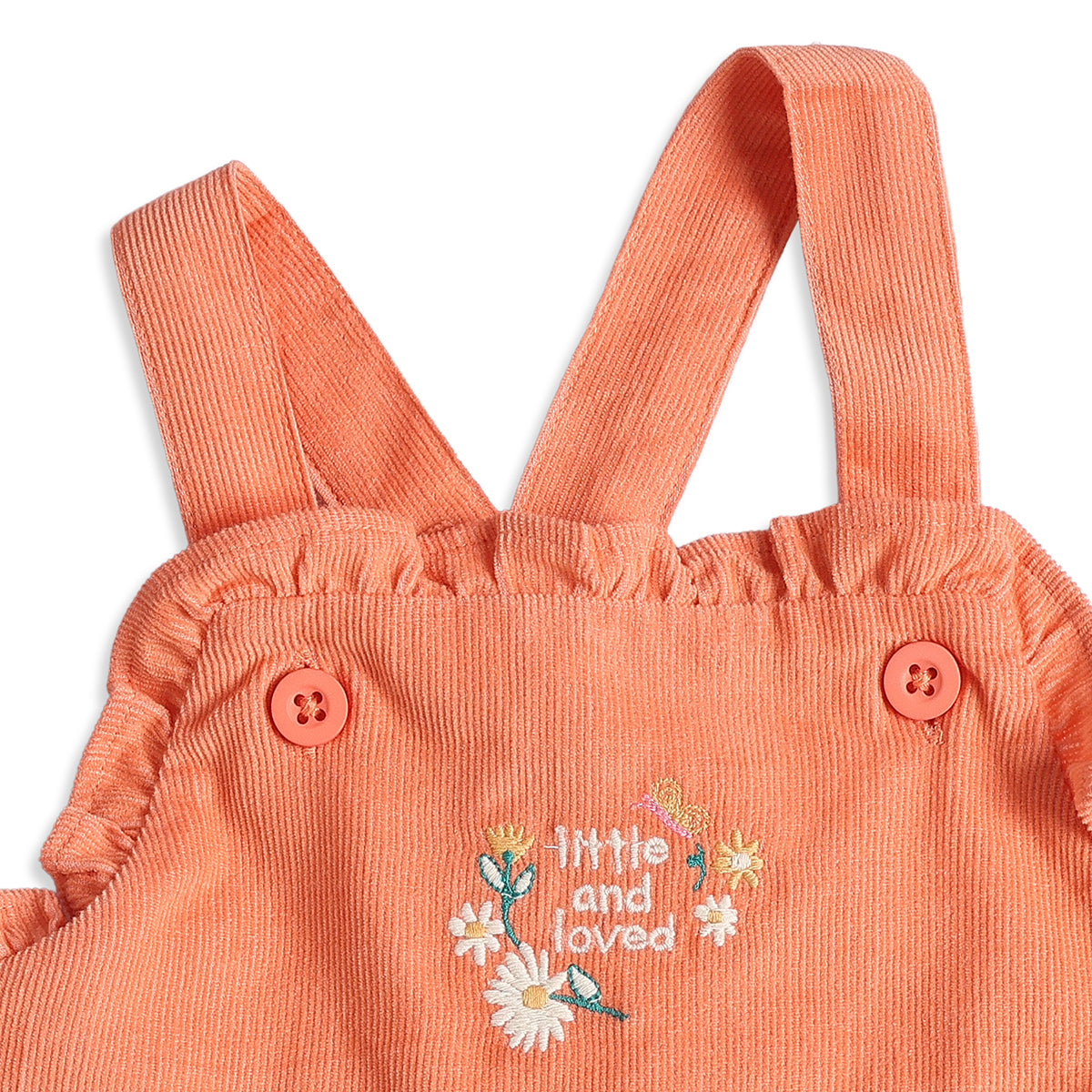 Baby Girls Peach Corduroy Pinafore Dress with Printed Full Sleeves T-Shirt Casual Outfit Set