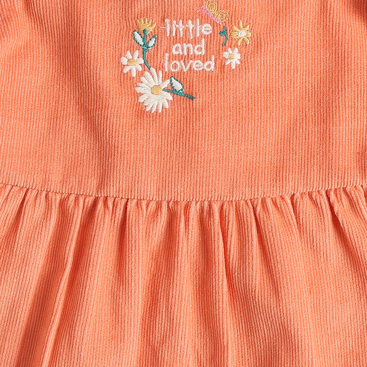 Baby Girls Peach Corduroy Pinafore Dress with Printed Full Sleeves T-Shirt Casual Outfit Set