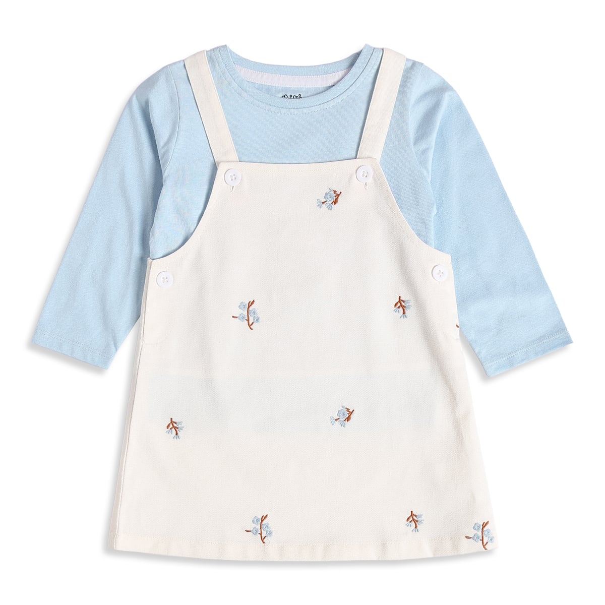 Baby Girls Light Blue And Off-White Cotton Floral Embroidered Top And Pinny Dress Set Casual Wear