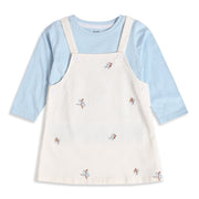 Baby Girls Light Blue And Off-White Cotton Floral Embroidered Top And Pinny Dress Set Casual Wear