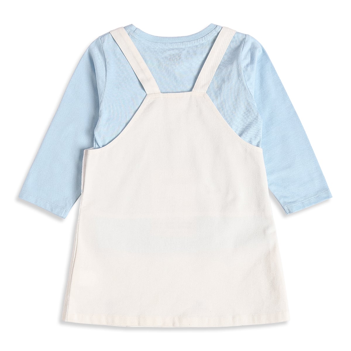 Baby Girls Light Blue And Off-White Cotton Floral Embroidered Top And Pinny Dress Set Casual Wear