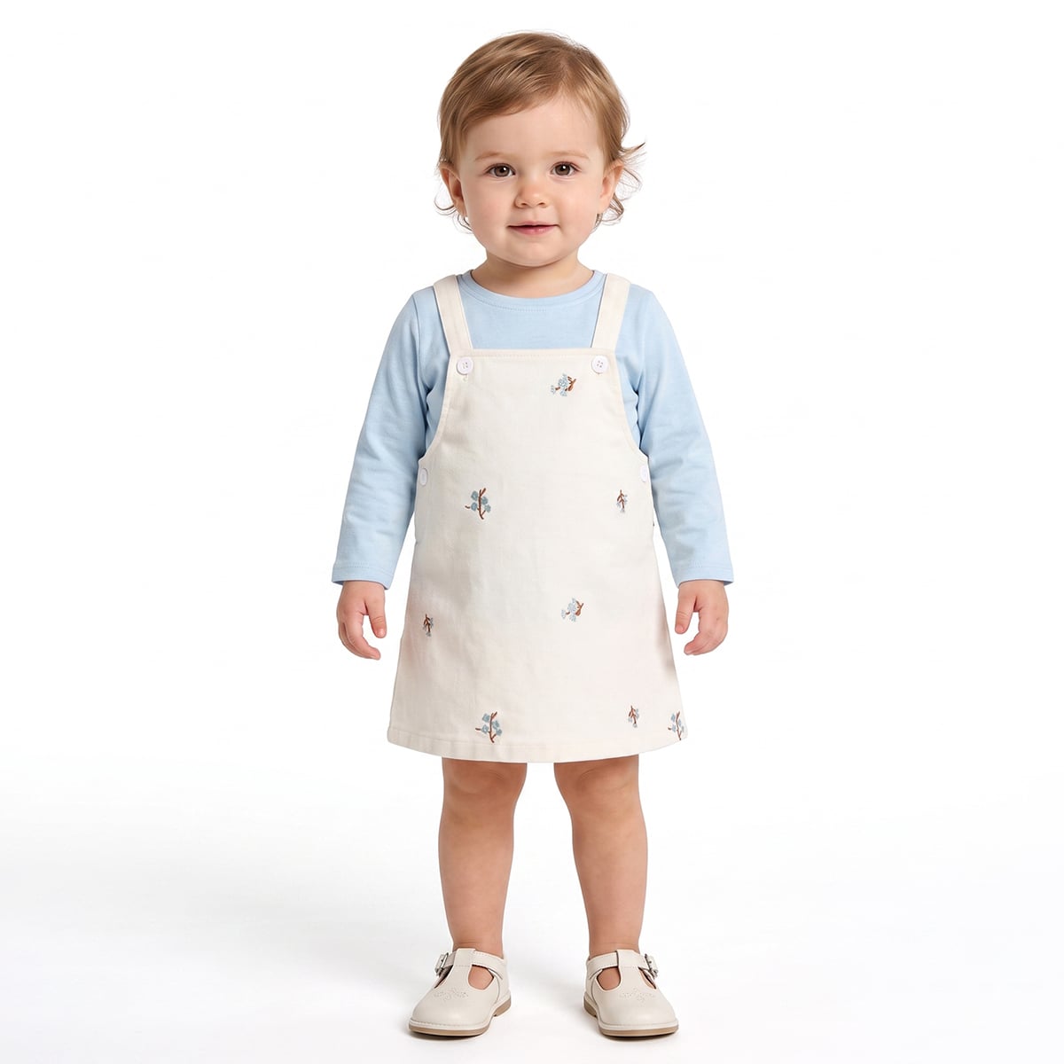 Baby Girls Light Blue And Off-White Cotton Floral Embroidered Top And Pinny Dress Set Casual Wear