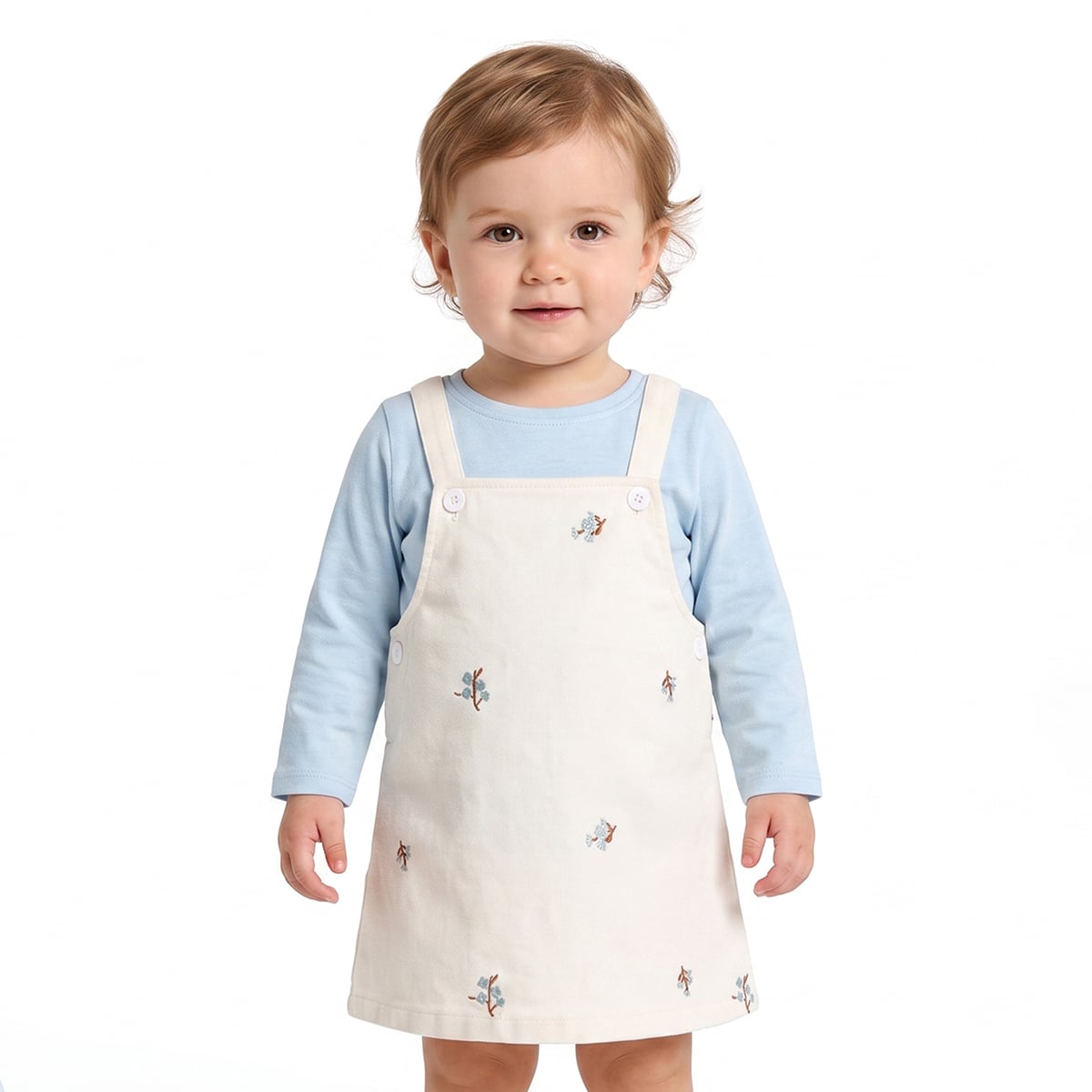 Baby Girls Light Blue And Off-White Cotton Floral Embroidered Top And Pinny Dress Set Casual Wear