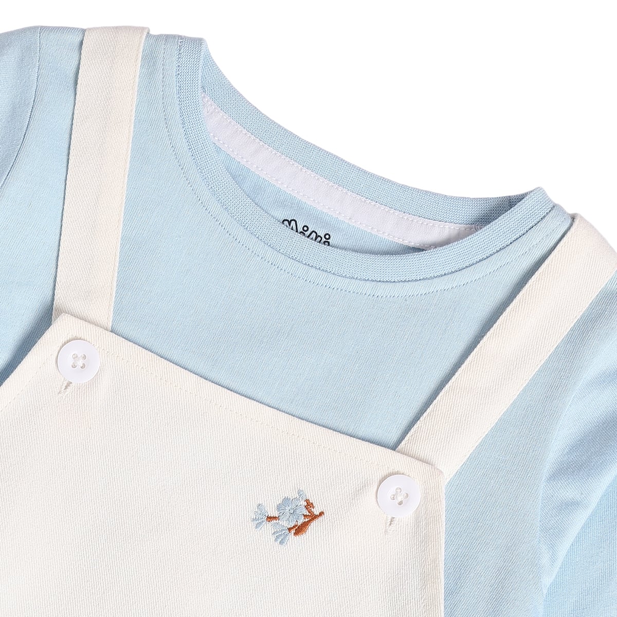 Baby Girls Light Blue And Off-White Cotton Floral Embroidered Top And Pinny Dress Set Casual Wear