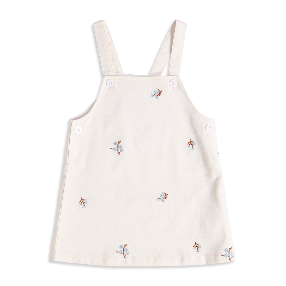 Baby Girls Light Blue And Off-White Cotton Floral Embroidered Top And Pinny Dress Set Casual Wear