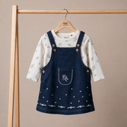 Baby Girls Navy Blue And White Cotton And Denim Floral Printed Embroidered Pinny Set Regular Fit Casual Wear