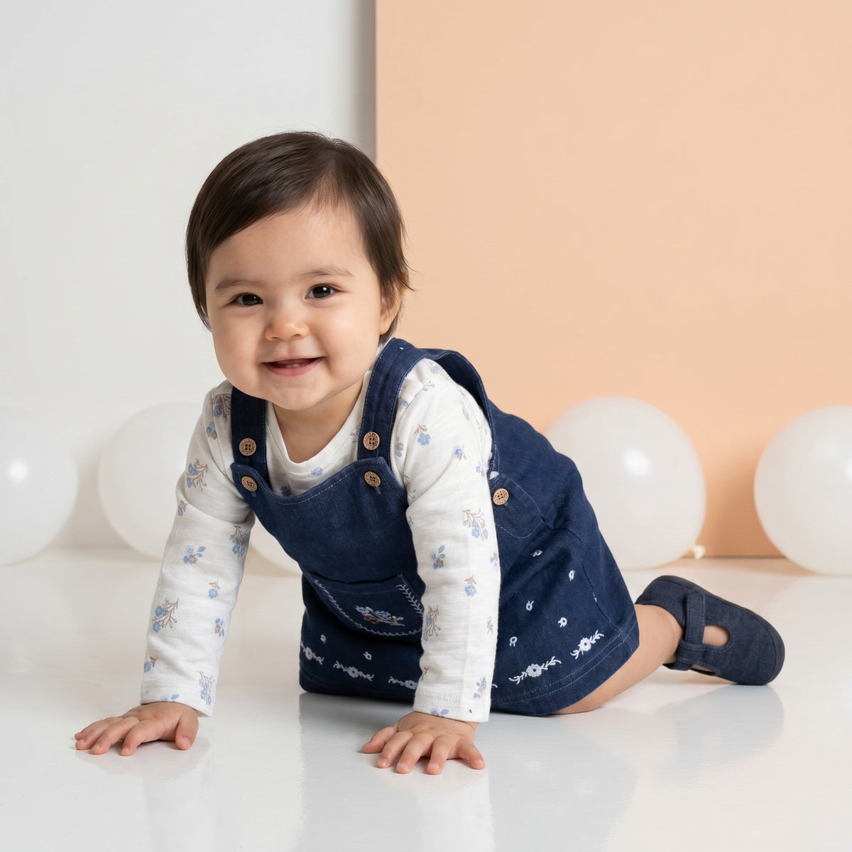 Baby Girls Navy Blue And White Cotton And Denim Floral Printed Embroidered Pinny Set Regular Fit Casual Wear
