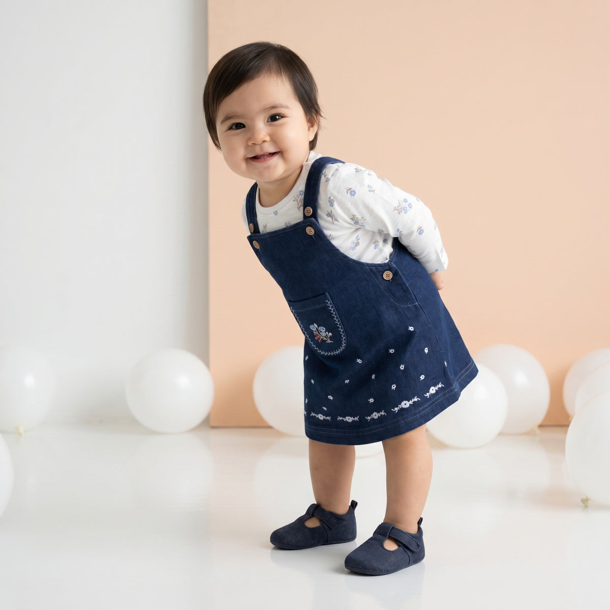 Baby Girls Navy Blue And White Cotton And Denim Floral Printed Embroidered Pinny Set Regular Fit Casual Wear