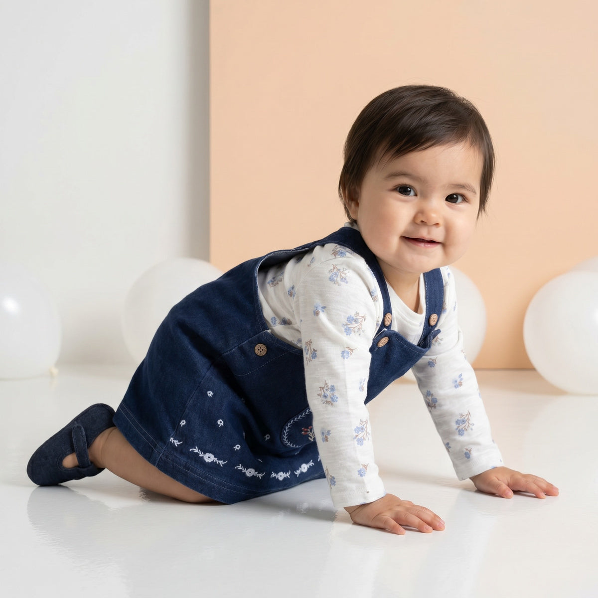 Baby Girls Navy Blue And White Cotton And Denim Floral Printed Embroidered Pinny Set Regular Fit Casual Wear