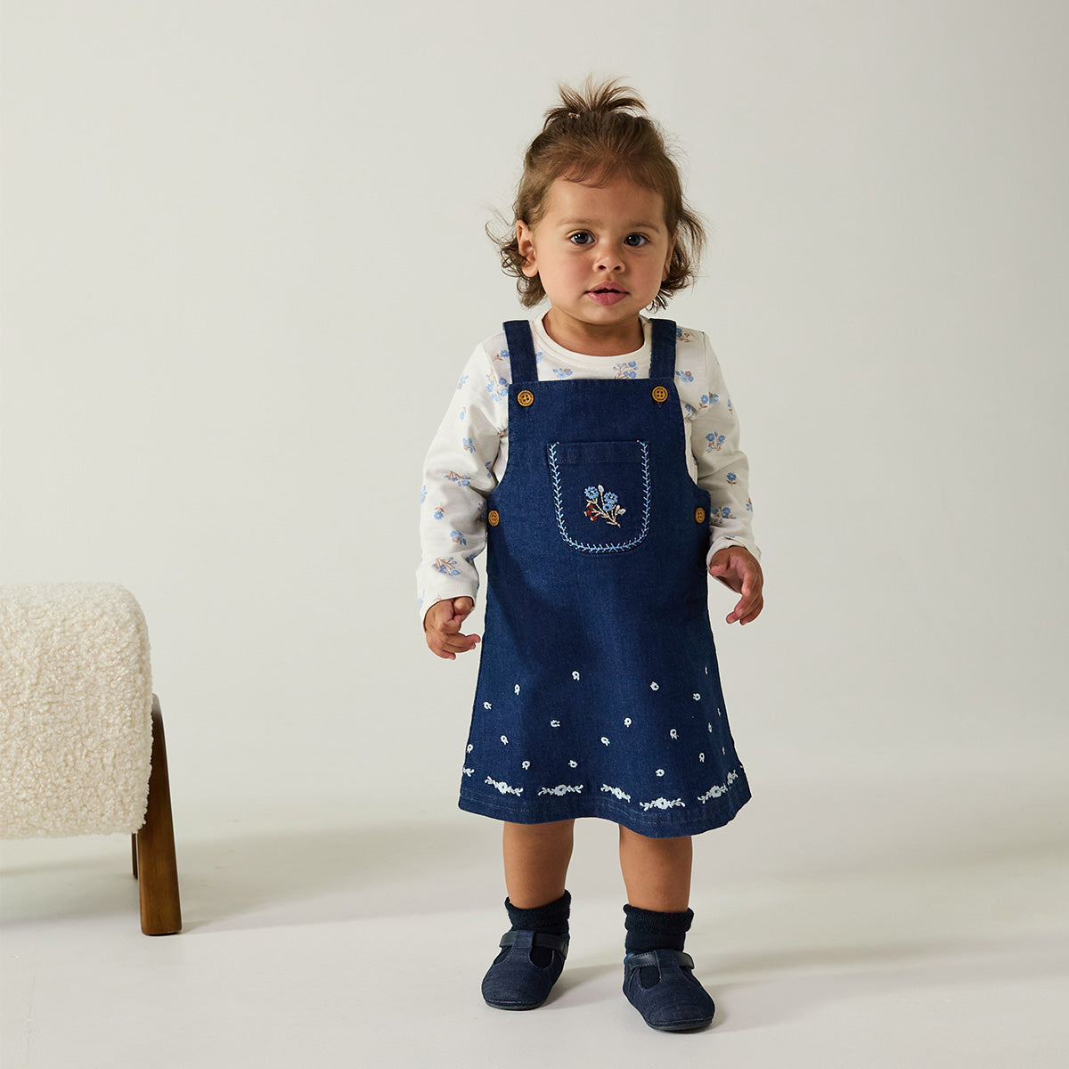 Baby Girls Navy Blue And White Cotton And Denim Floral Printed Embroidered Pinny Set Regular Fit Casual Wear