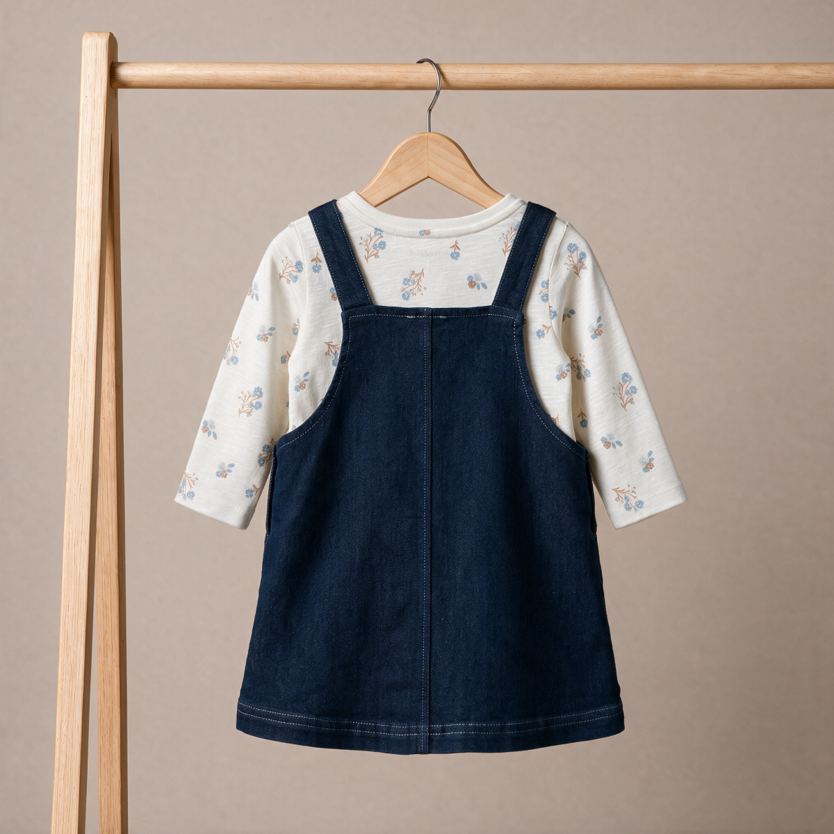 Baby Girls Navy Blue And White Cotton And Denim Floral Printed Embroidered Pinny Set Regular Fit Casual Wear