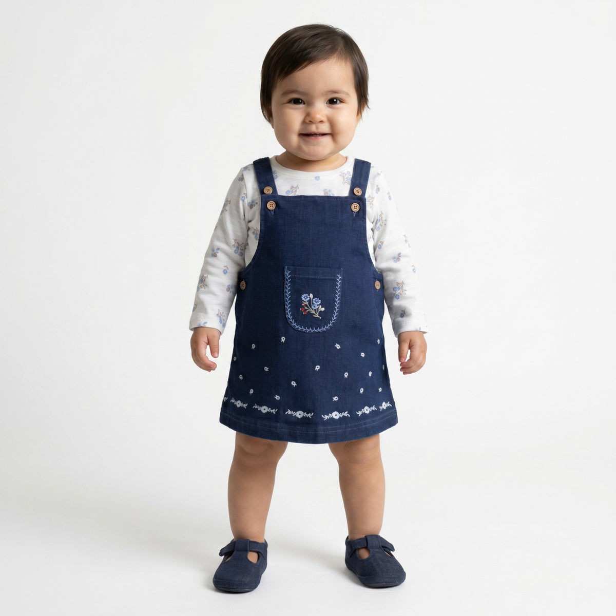 Baby Girls Navy Blue And White Cotton And Denim Floral Printed Embroidered Pinny Set Regular Fit Casual Wear