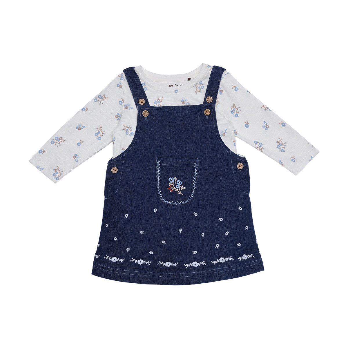 Baby Girls Navy Blue And White Cotton And Denim Floral Printed Embroidered Pinny Set Regular Fit Casual Wear