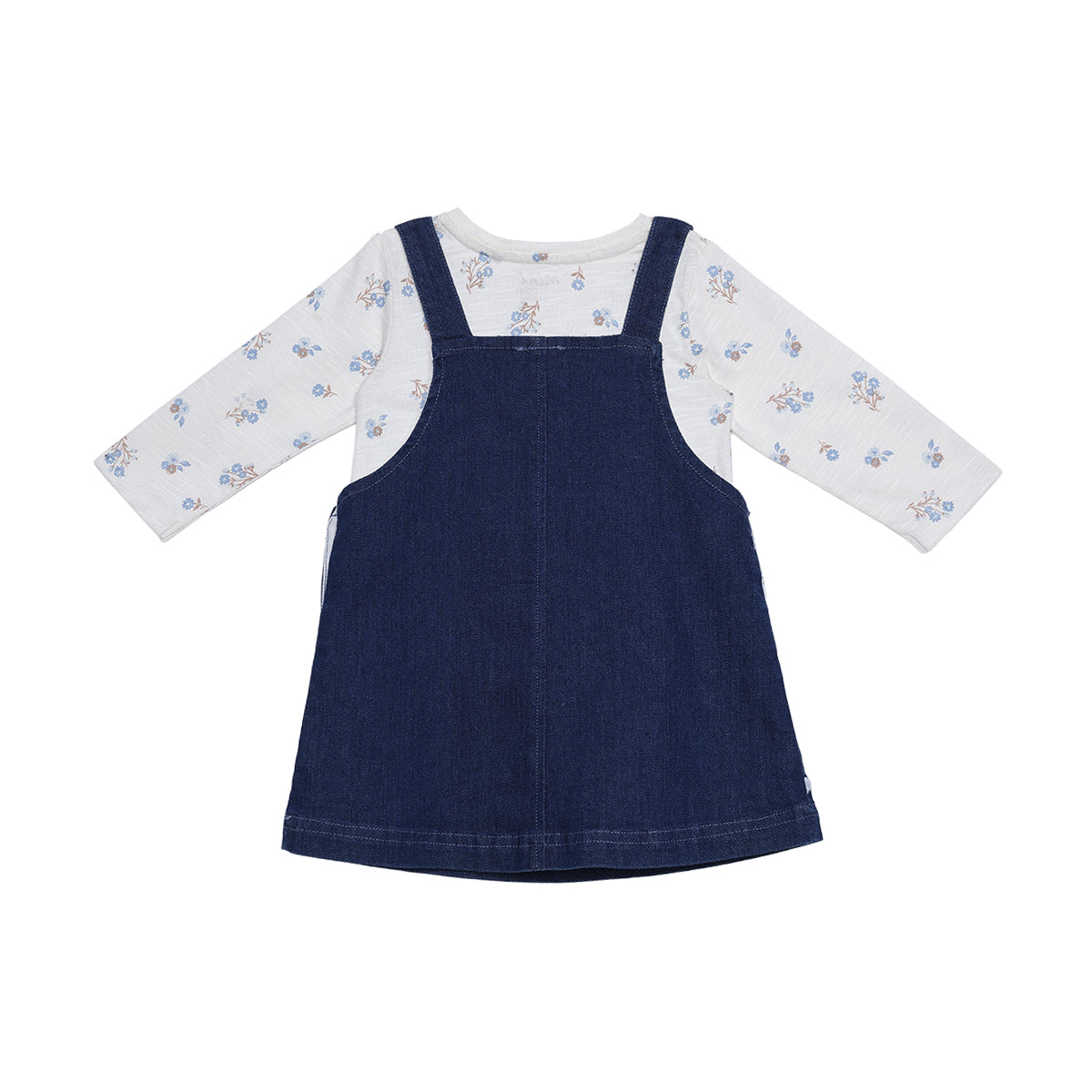 Baby Girls Navy Blue And White Cotton And Denim Floral Printed Embroidered Pinny Set Regular Fit Casual Wear