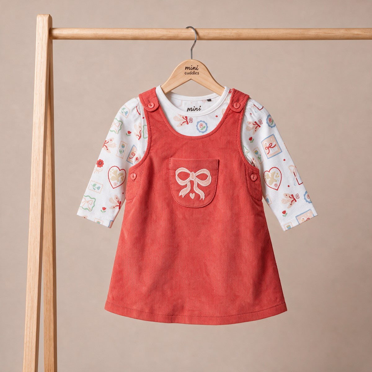 Baby Girls Coral And White Cotton Corduroy Bow Embroidered Pinny Set Regular Fit Casual Wear