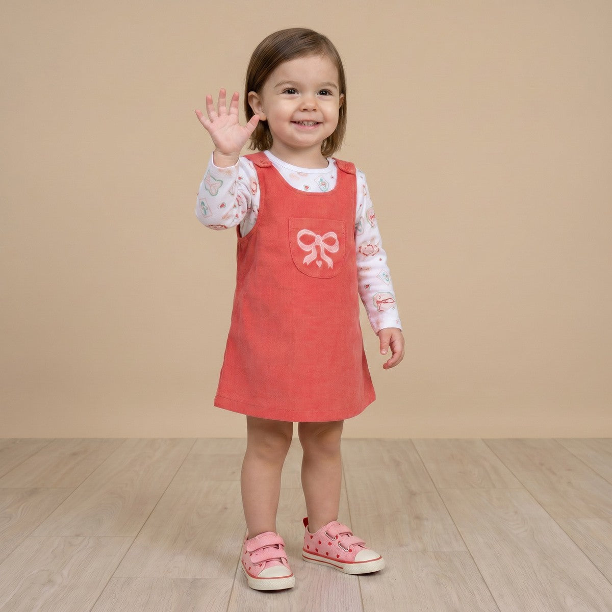 Baby Girls Coral And White Cotton Corduroy Bow Embroidered Pinny Set Regular Fit Casual Wear