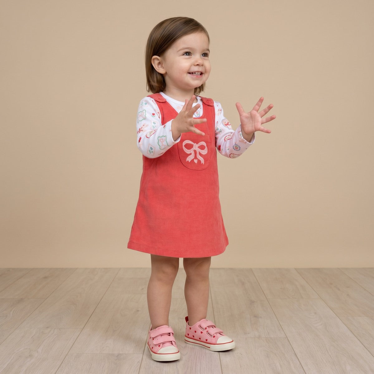 Baby Girls Coral And White Cotton Corduroy Bow Embroidered Pinny Set Regular Fit Casual Wear