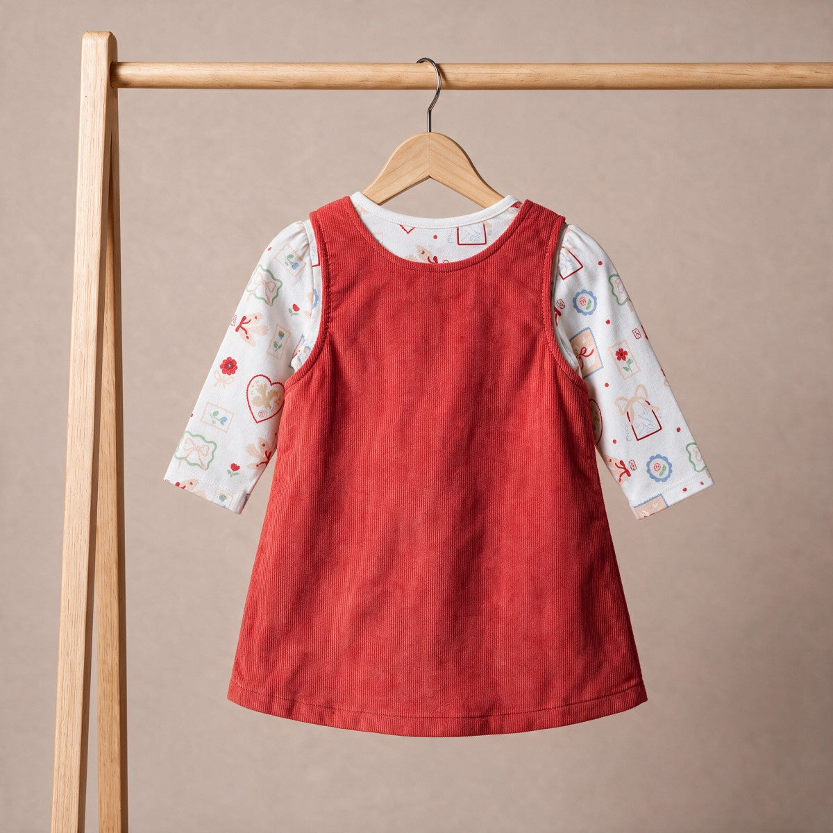 Baby Girls Coral And White Cotton Corduroy Bow Embroidered Pinny Set Regular Fit Casual Wear