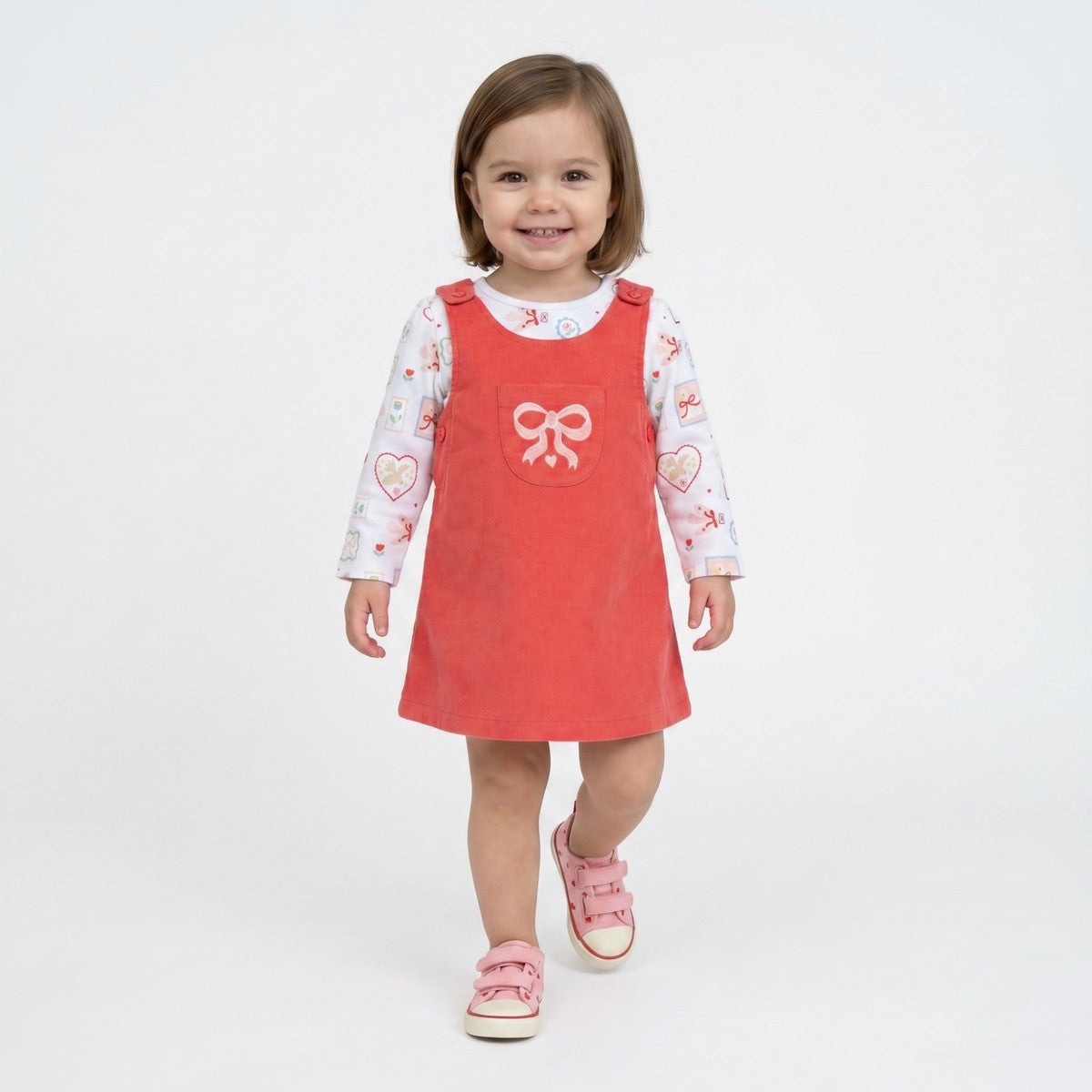 Baby Girls Coral And White Cotton Corduroy Bow Embroidered Pinny Set Regular Fit Casual Wear