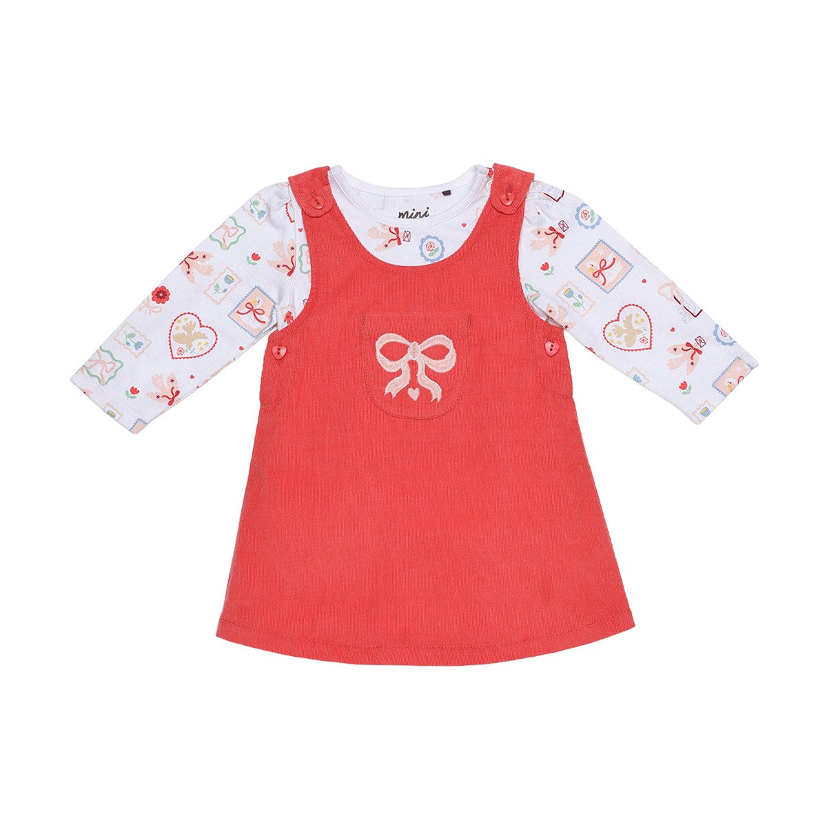 Baby Girls Coral And White Cotton Corduroy Bow Embroidered Pinny Set Regular Fit Casual Wear