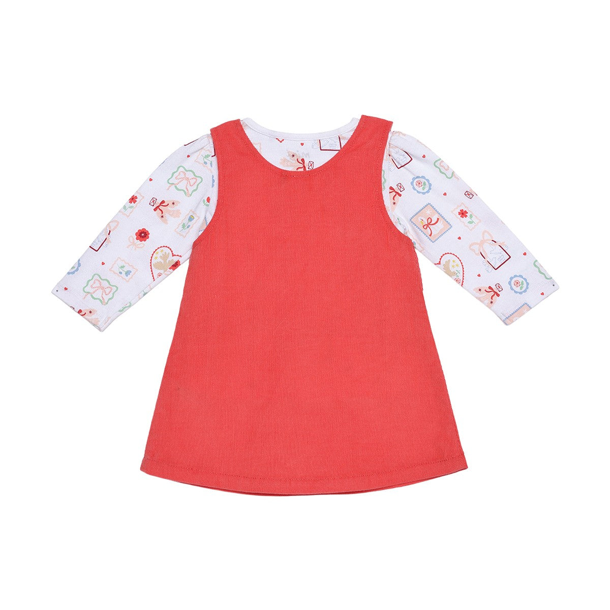Baby Girls Coral And White Cotton Corduroy Bow Embroidered Pinny Set Regular Fit Casual Wear