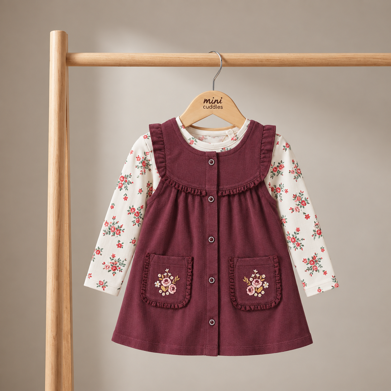 Baby Girls Maroon Cotton Pinny Set with Floral Printed Full Sleeve Top for Casual Wear