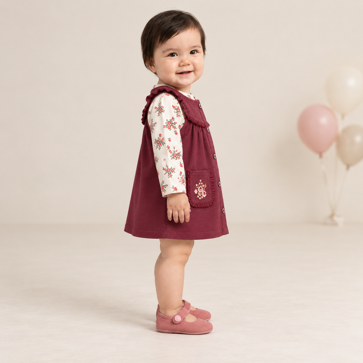 Baby Girls Maroon Cotton Pinny Set with Floral Printed Full Sleeve Top for Casual Wear