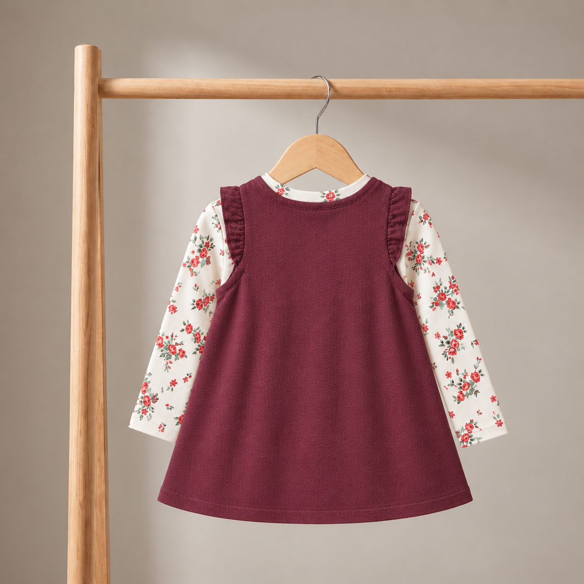 Baby Girls Maroon Cotton Pinny Set with Floral Printed Full Sleeve Top for Casual Wear