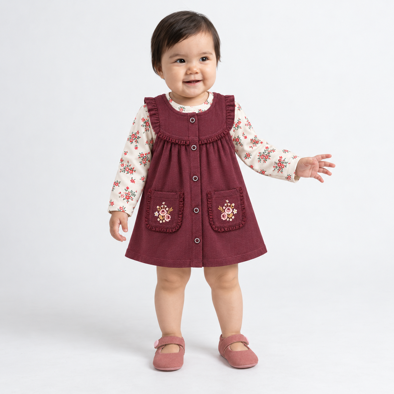 Baby Girls Maroon Cotton Pinny Set with Floral Printed Full Sleeve Top for Casual Wear