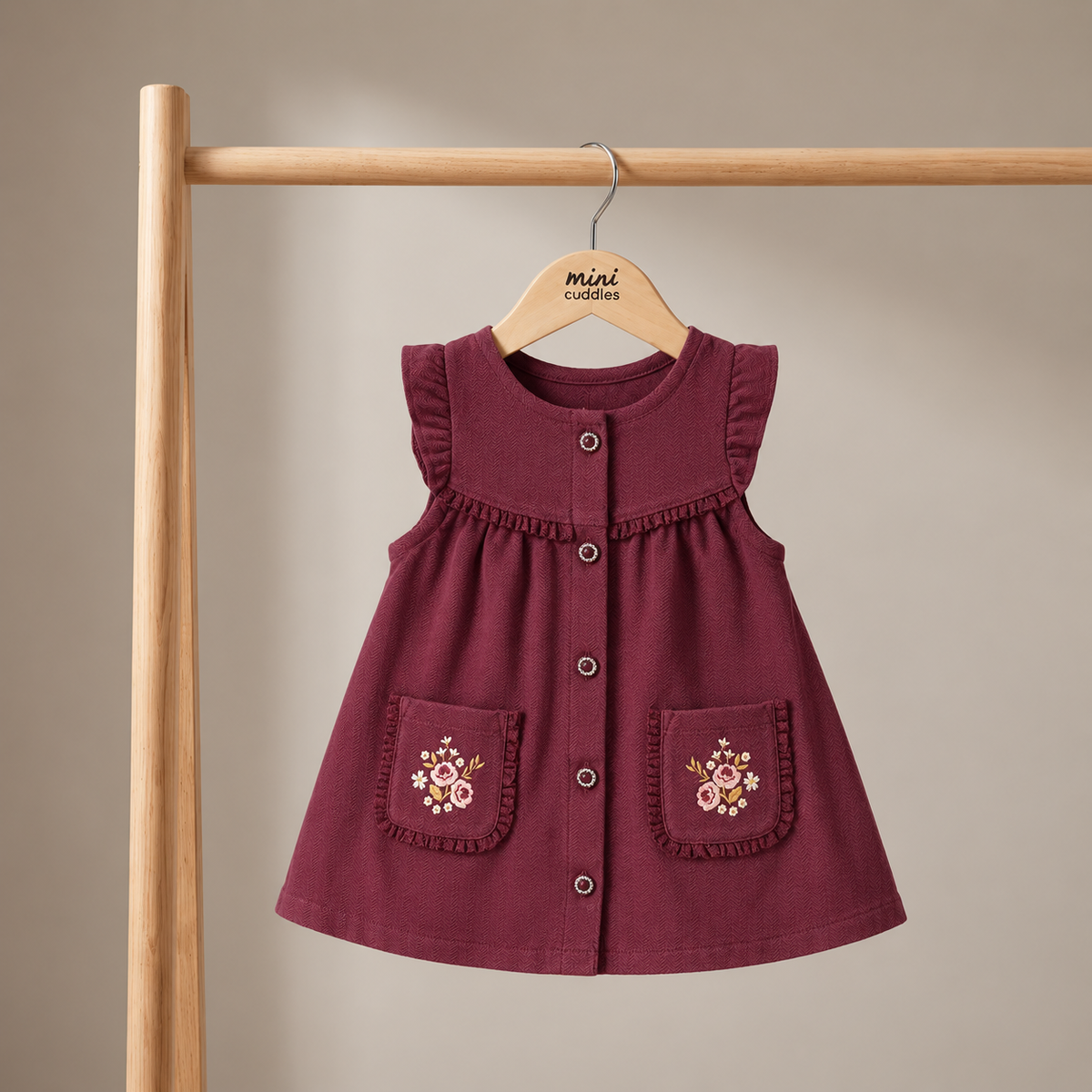 Baby Girls Maroon Cotton Pinny Set with Floral Printed Full Sleeve Top for Casual Wear