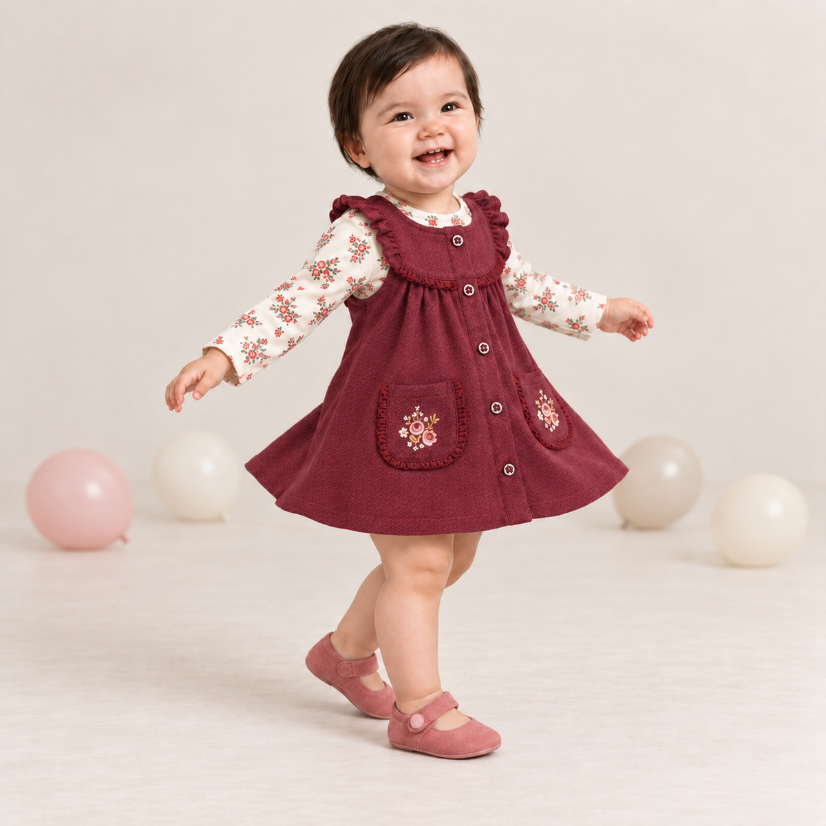 Baby Girls Maroon Cotton Pinny Set with Floral Printed Full Sleeve Top for Casual Wear