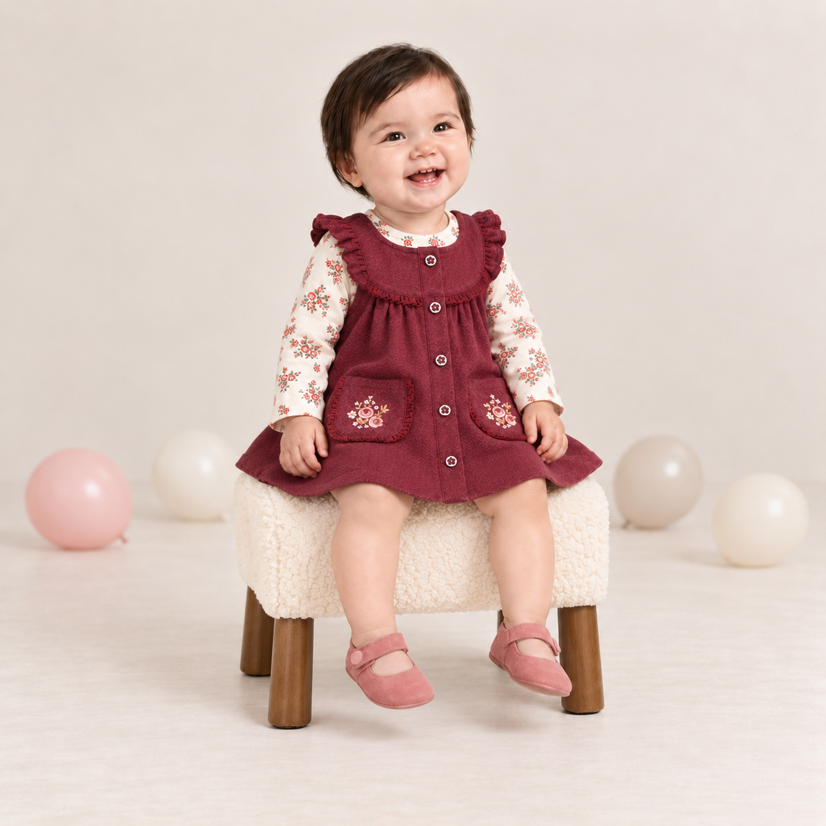 Baby Girls Maroon Cotton Pinny Set with Floral Printed Full Sleeve Top for Casual Wear