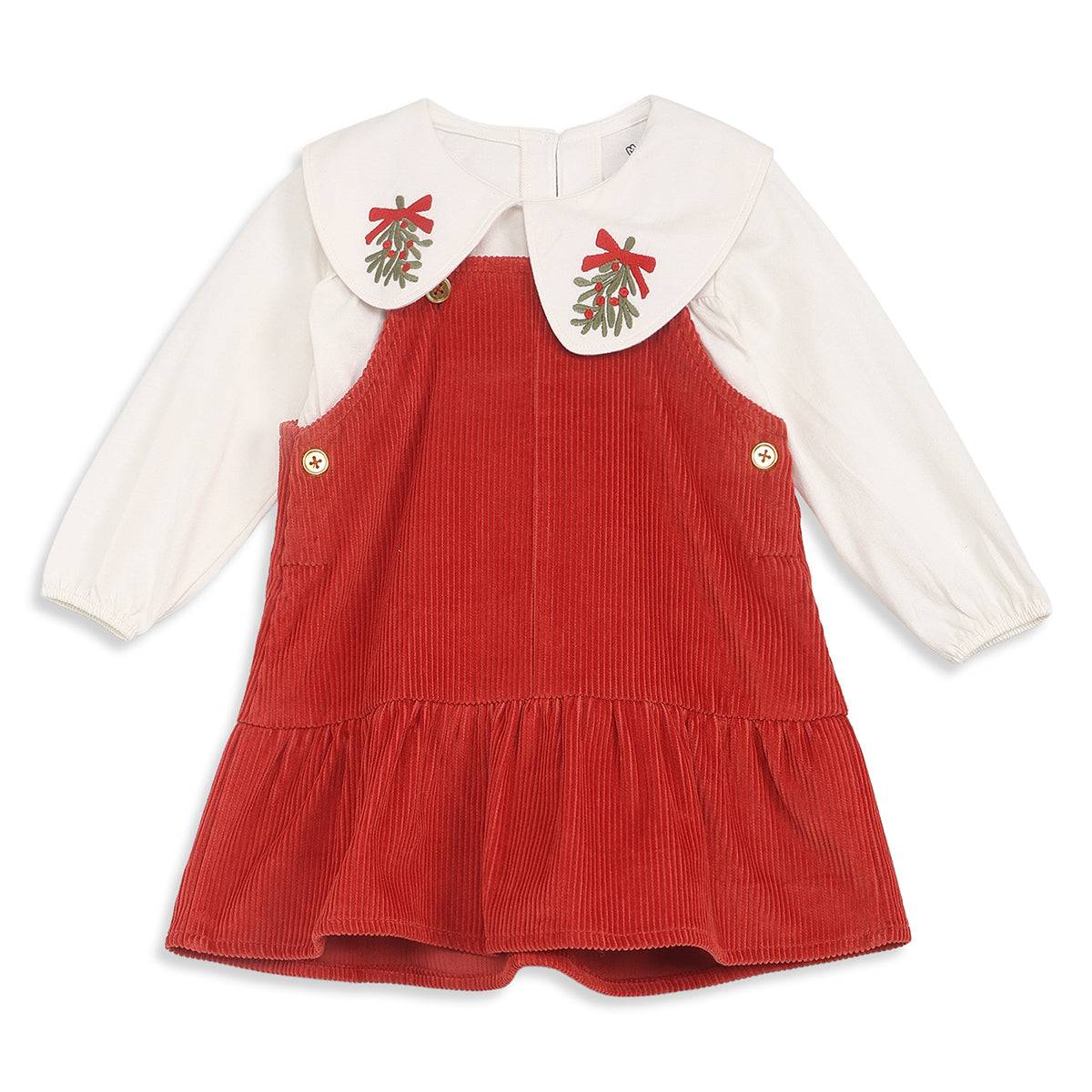 Baby Girls Red Corduroy Pinny Dress with White T-Shirt Casual Outfit Set