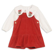 Baby Girls Red Corduroy Pinny Dress with White T-Shirt Casual Outfit Set