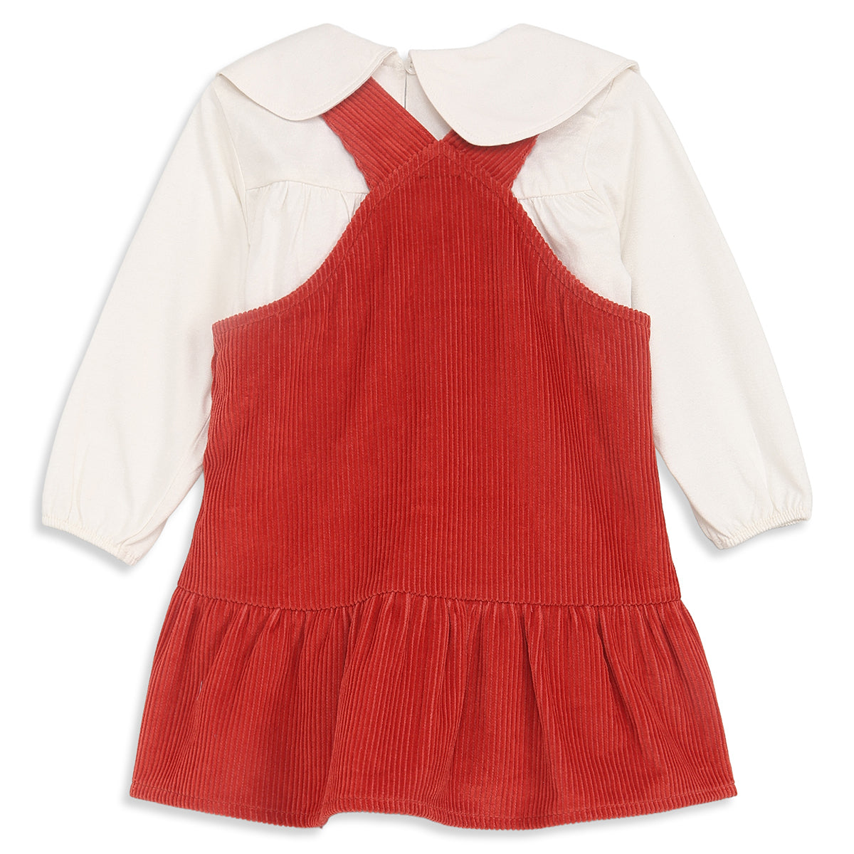 Baby Girls Red Corduroy Pinny Dress with White T-Shirt Casual Outfit Set